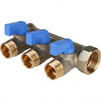 SMB 6201 341203 STOUT Коллектор с шаровыми кранами 3/4", 3 отвода 1/2" (синие ручки)